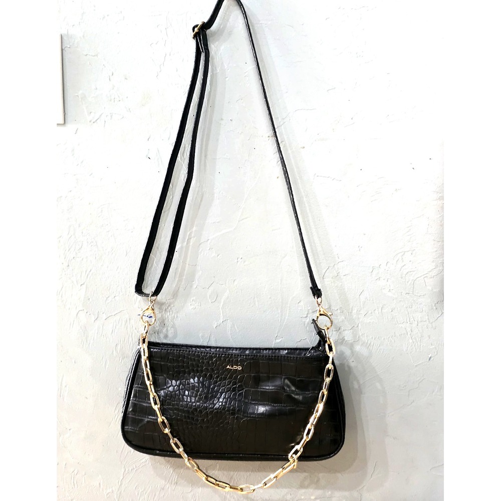 Elegant Aldo Shiny Black Mock Croc Shoulder Bag With Gold Chain Strap Date Night